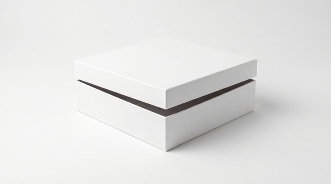 A plain white rigid gift box with lid slightly ajar sits centered on a bright white background in minimalist style.