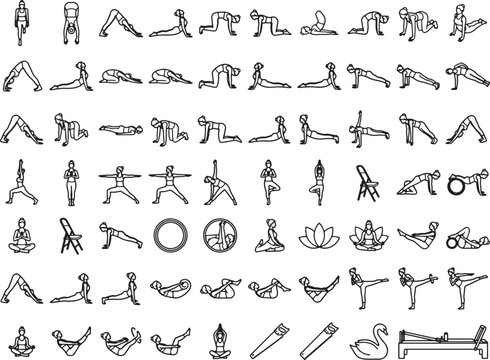Various yoga poses, perfect for enhancing your fitness journey, promoting mental and physical well-being. A visual guide for practicing yoga with detailed illustrations in a clean, minimalist style.