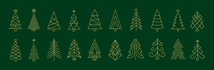 Naklejka premium Modern geometric Christmas tree line icon set, minimalist holiday pine collection, luxury gold outline vector elements for festive winter design