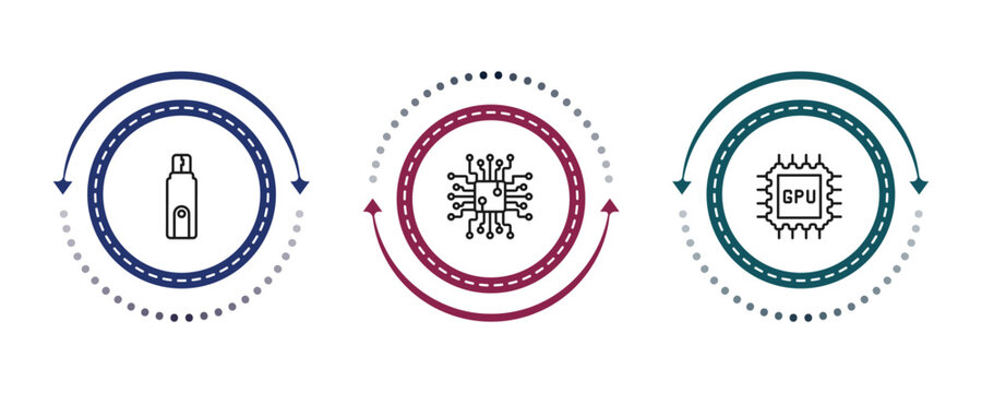 outline hardware icons set - flash card, circuits, gpu. editable vector for web and mobile ui