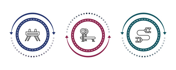 outline gym equipment icons set - vaulting horse, bench press, strandpulling. editable vector for web and mobile ui © IconArt