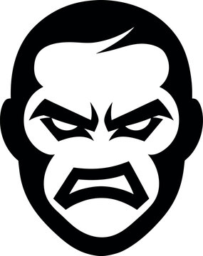 Angry Gorilla Face, Aggressive Monkey Icon, Black and White Vector Graphic, Emotive Primate Illustration