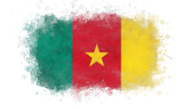 The flag of Cameroon is creatively rendered with watercolor textures and vibrant paint splatters on an isolated white background.