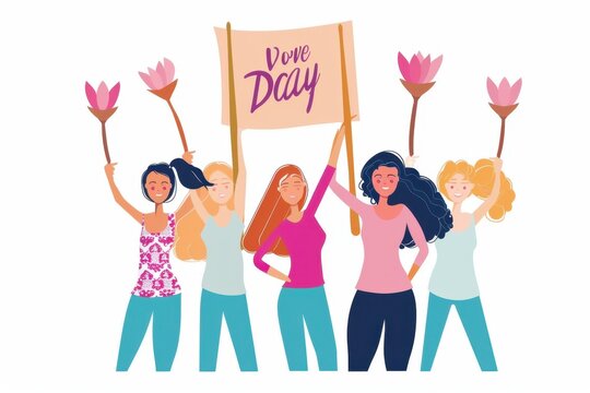 Empowered diverse women celebrating democracy, holding a Vote Day banner and pink lotus flowers. Vibrant flat vector style on white background ideal for political campaigns and gender equality.
