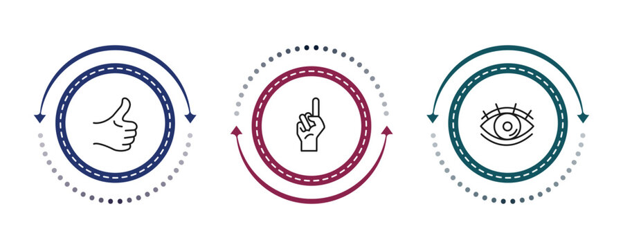 outline gestures icons set - thumb finger up, finger up, watch dark eye. editable vector for web and mobile ui