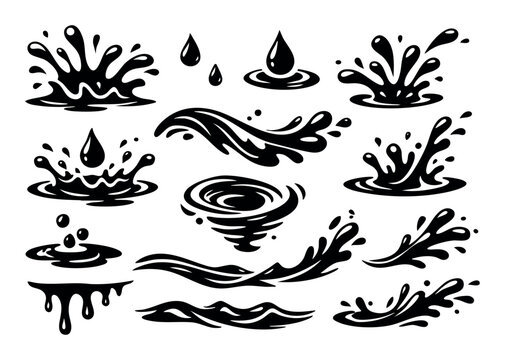 Water splashes and drops, a whirlpool, and flowing liquid elements in a black and white graphic collection on a white background