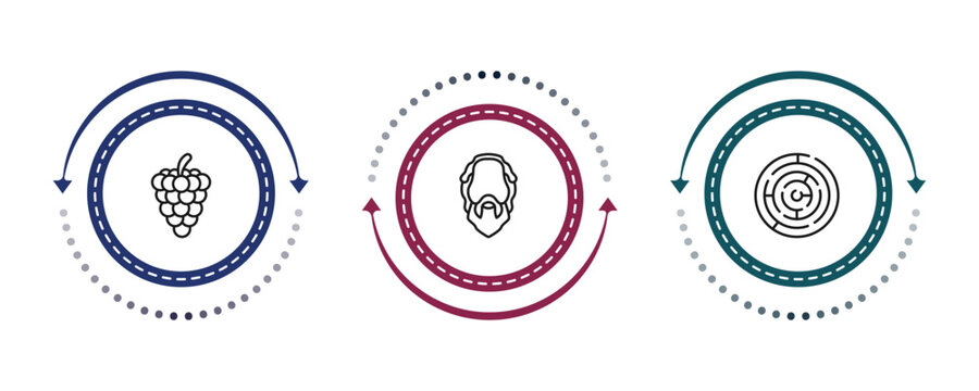 outline greece icons set - grapes bunch, socrates, labyrinth. editable vector for web and mobile ui