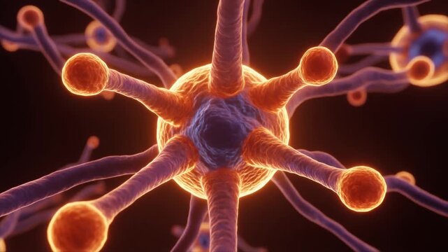 Close-up animation of pulsating neuron cell connections transmitting electrical signals, with bright orange glowing synapses and purple branching dendrites