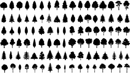 Collection of black and white tree silhouettes arranged in a grid on a white background © Sanjit
