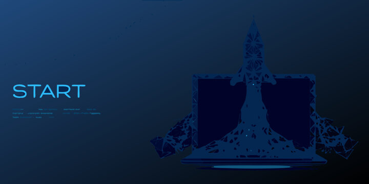 low poly wireframe rocket launching abstract polygonal space vehicle illustration on dark blue background
