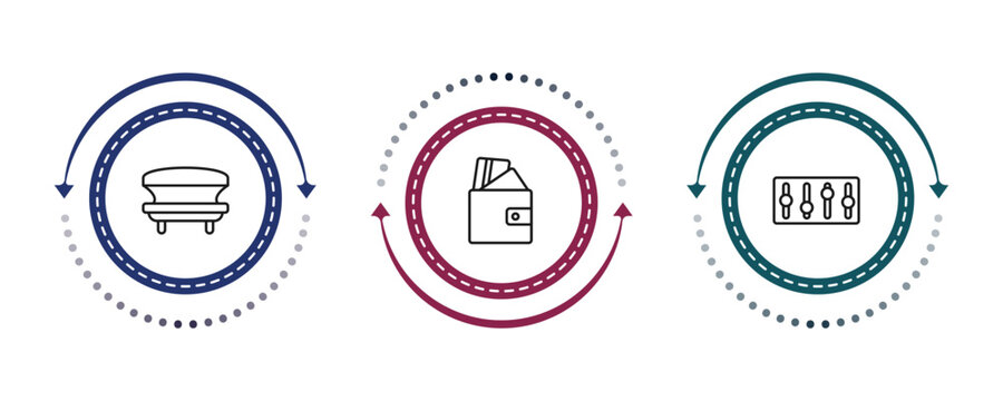 outline general icons set - solarium, card wallet, sound control. editable vector for web and mobile ui