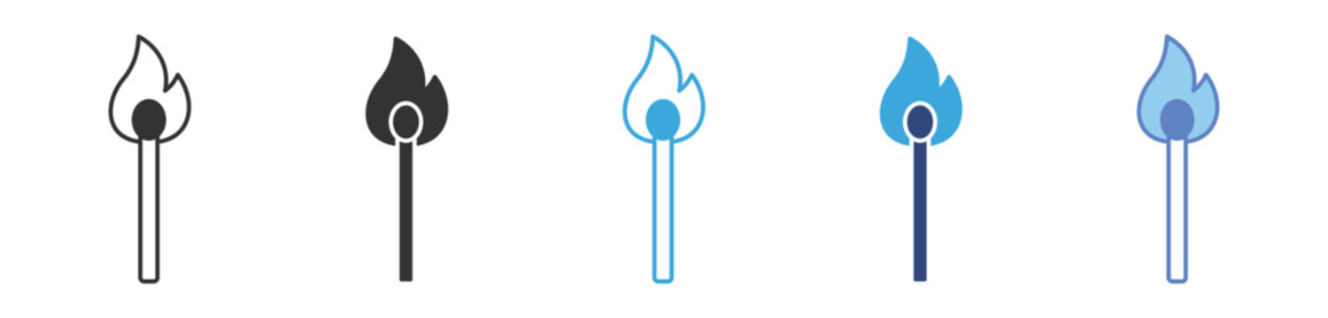 Matchstick Fire Icon Set , ignition flame symbols, burning match icons, fire starter elements, and heat energy vector icons.