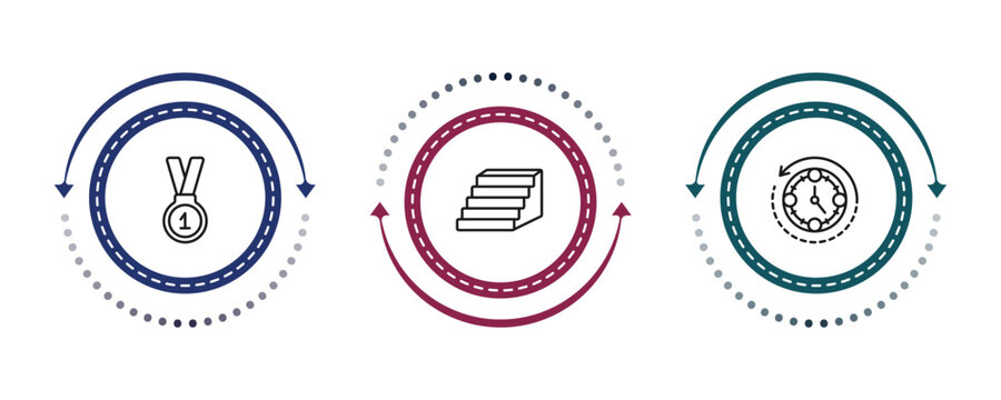 outline general icons set - number one medal, steps, rewind time. editable vector for web and mobile ui
