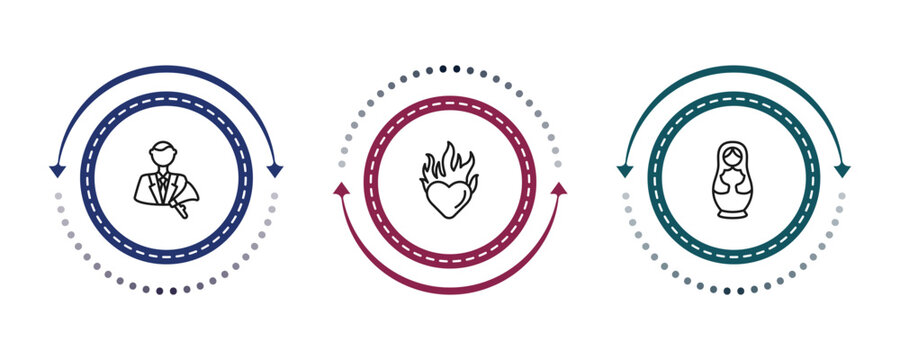 outline general icons set - advertising agency, heart in flames, matryoshka. editable vector for web and mobile ui