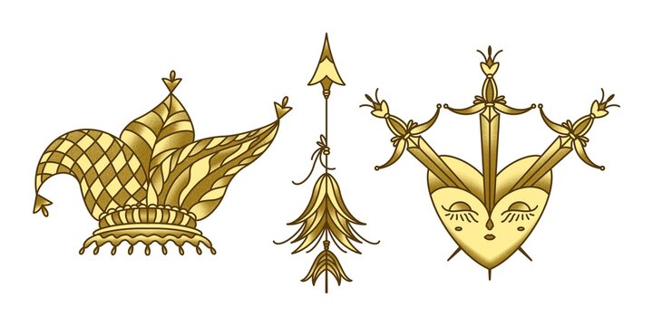 Golden tarot symbols the fool major arcana, arrows motif and three of swords card illustration