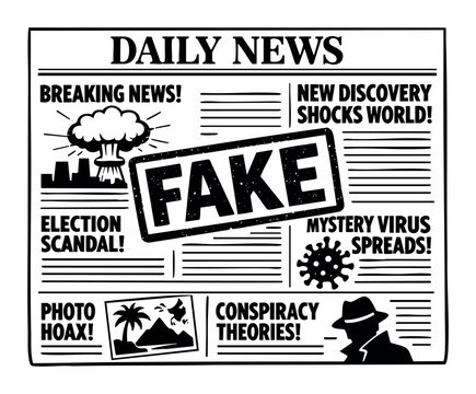Newspaper page highlighting the concept of fake news, misinformation, and propaganda with various sensational headlines and a silhouette of a spy