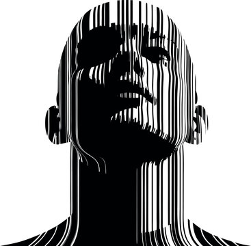 Glitch art portrait, distorted human face, black and white vector, digital error effect