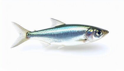 Naklejka premium A small silver fish with blue and green scales on a white background