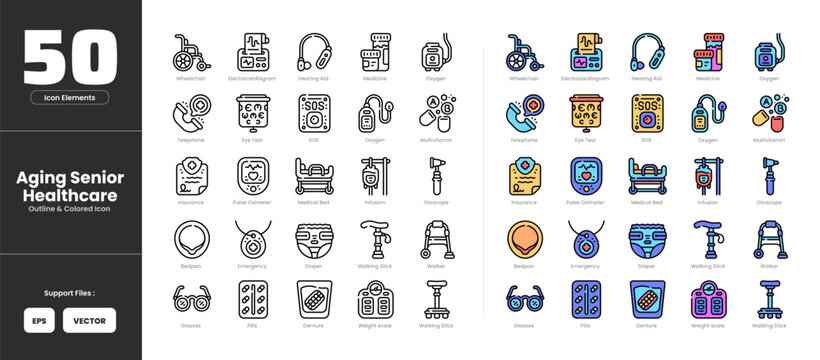 Aging and senior health icon set collection - colored outline line art style. Bedpan denture diaper electrocardiogram emergency eye test glasses health insurance hearing aid IV infusion medical bed