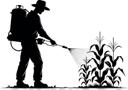 Farmer spraying pesticide, silhouette agricultural worker, farm crop protection, black vector icon