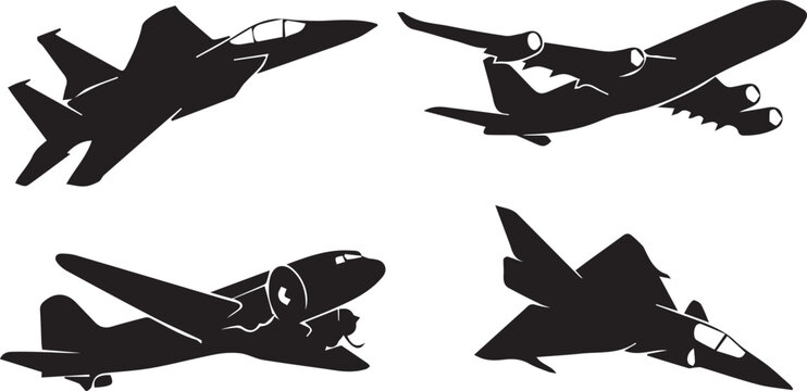 Airplane Silhouettes Vector Set: Military Jets and Commercial Airliners