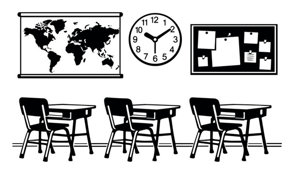 Education concept illustrating a classroom setup with student desks, a world map, wall clock, and a notice board