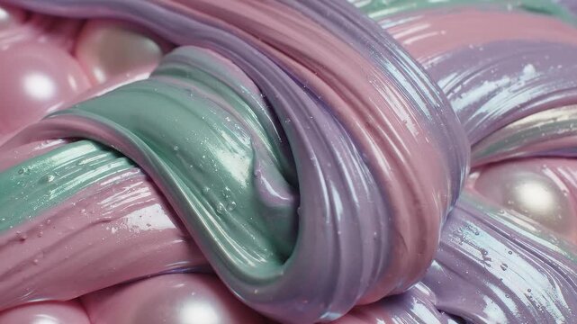 Iridescent pearlized liquid slime with organic swirling motion for playful background