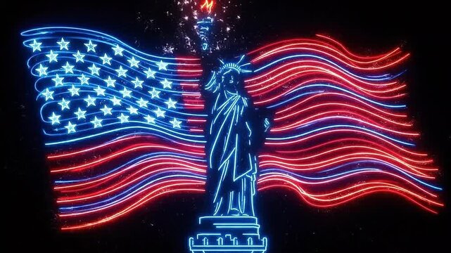 Neon statue of liberty with american flag light installation at night