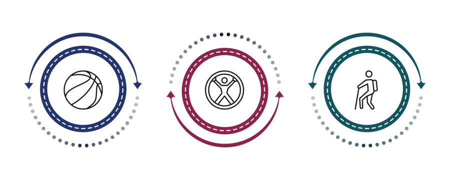 outline free time icons set - sports, zorbing, trekking. editable vector for web and mobile ui
