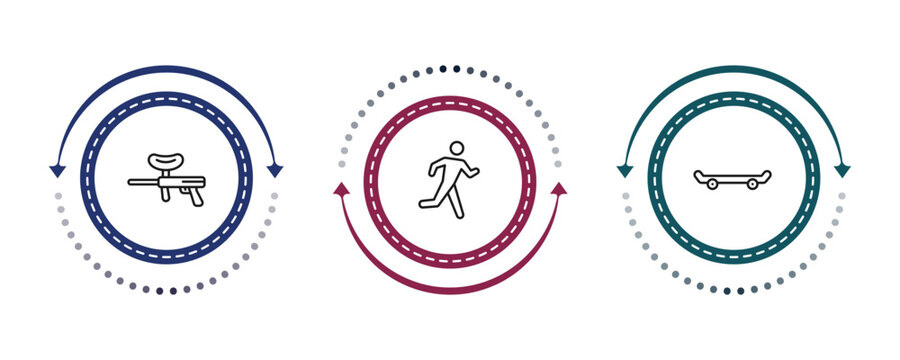 outline free time icons set - paintball, running man, skate. editable vector for web and mobile ui