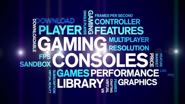 Gaming Consoles animated word cloud-gross domestic product animation tag kinetic typography seamless loop.