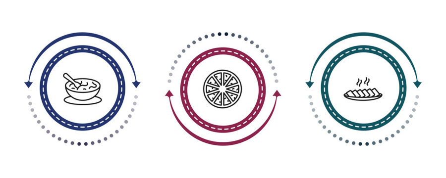 outline food and restaurant icons set - sour soup, cong you bing, char siu. editable vector for web and mobile ui