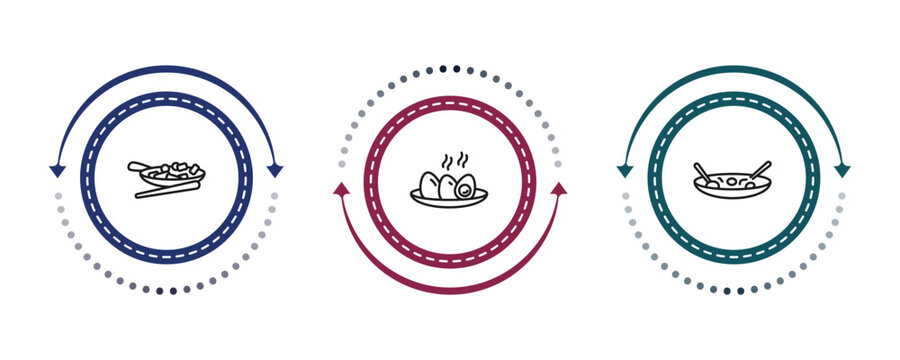 outline food and restaurant icons set - buddhas delight, soy eggs, beef chow fun. editable vector for web and mobile ui