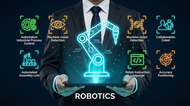Businessman holding tablet with robotic arm and various automation icons on screen for industry and technology concept