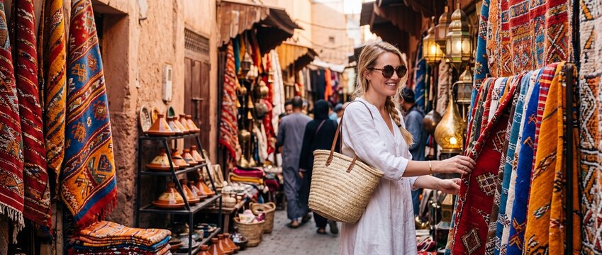Woman traveler exploring traditional moroccan market street while shopping for colorful handmade rugs and pottery in ancient medina
