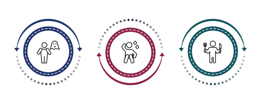 outline feelings icons set - stupid human, anxious human, hungry human. editable vector for web and mobile ui
