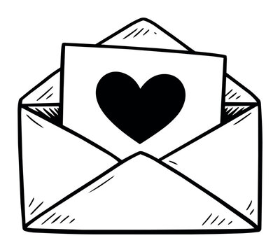 Opened envelope revealing a note with a black heart, symbolising romantic communication, affection, and special deliveries