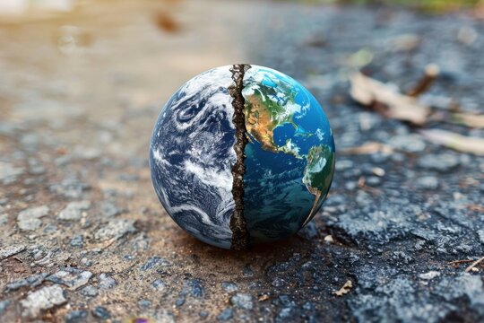 Cracked Earth Globe Divided Between Life and Desolation, Symbolizing Climate Change, Environmental Crisis, Global Warming, and the Urgent Need for Sustainability.