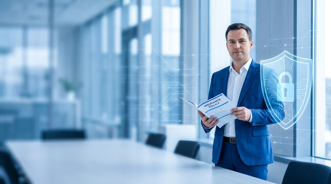 Businessman holding insurance policy with cybersecurity shield, cyber insurance, business risk management, data protection and corporate security concept