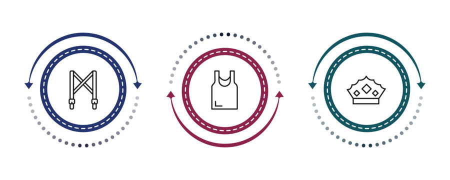 outline fashion icons set - suspenders, women sleeveless shirt, monarchy. editable vector for web and mobile ui