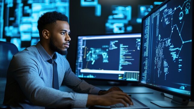 workstation. A focused professional at a modern workstation with an abstract tech-themed backdrop. product launch decks, UI/UX mockups, designed for data visualization dashboards and holographic UIs.
