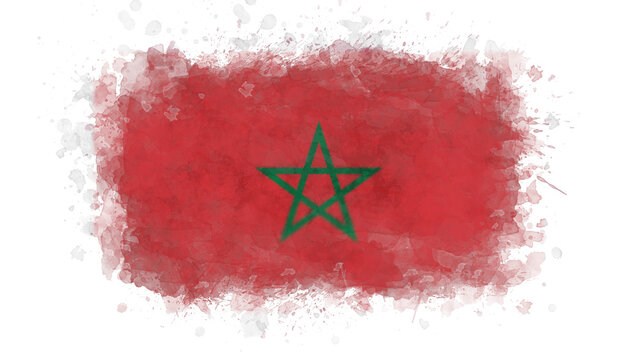 The Moroccan flag is artfully presented with a watercolor brush effect and scattered paint splatters on a white surface.
