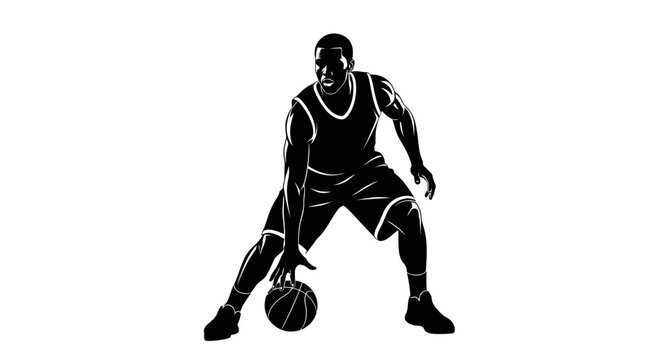 Silhouette of a basketball player dribbling a ball, dynamic action pose