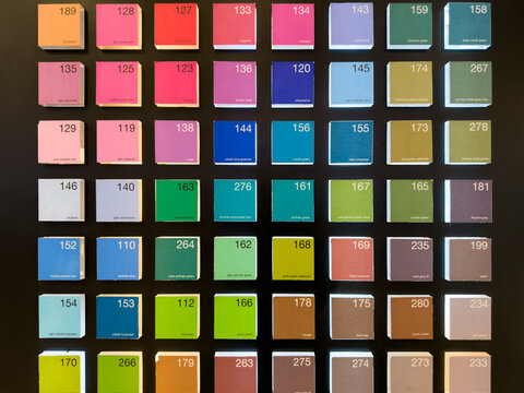 Color swatch display with neatly arranged square tiles showing various shades, each labeled with its name and number on a black background.