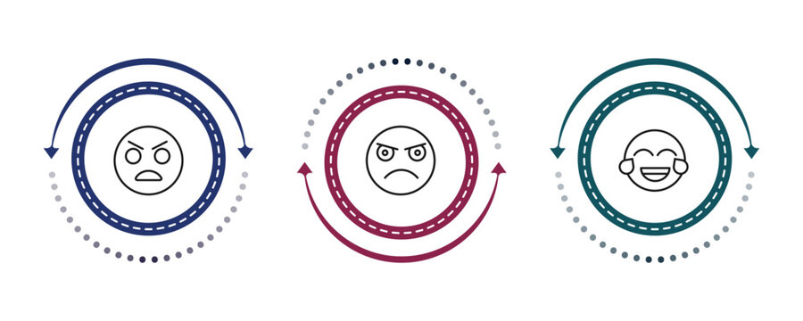 outline emoji icons set - yelling emoji, pouting emoji, laugh editable vector for web and mobile ui