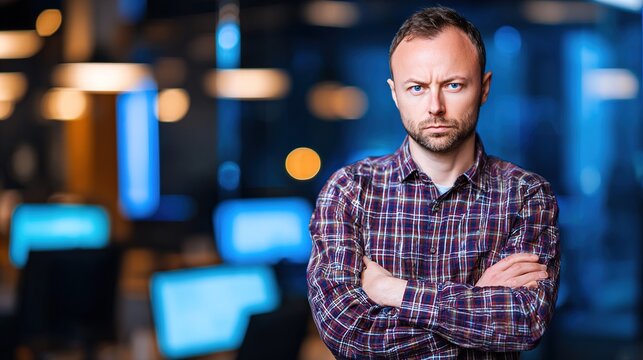 coder. A focused programmer in casual attire against a blurred, tech-inspired environment. product launch decks, UI/UX mockups, designed for product launches and innovation pitches.