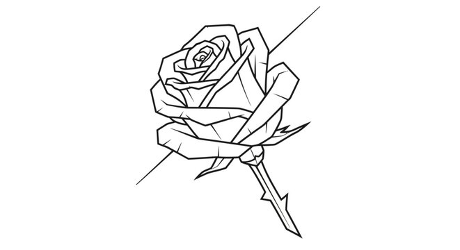 A black and white line drawing of a rose with a dagger through it.