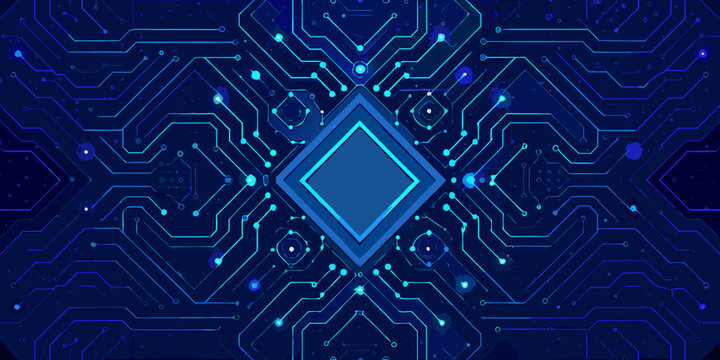 abstract circuit board pattern with glowing blue microchip in the center high quality professional detailed