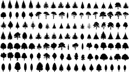 Collection of black and white tree silhouettes arranged in a grid on a white background © Ella