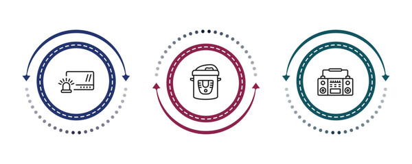 Obraz premium outline electronic devices icons set - burglar alarm, pressure cooker, stereo. editable vector for web and mobile ui